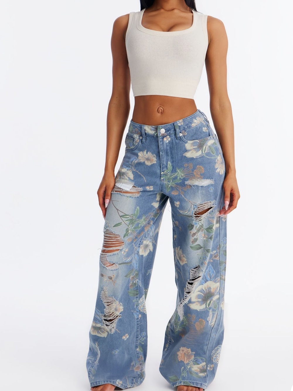 Blooming Love Floral Ripped Wide Leg Jeans